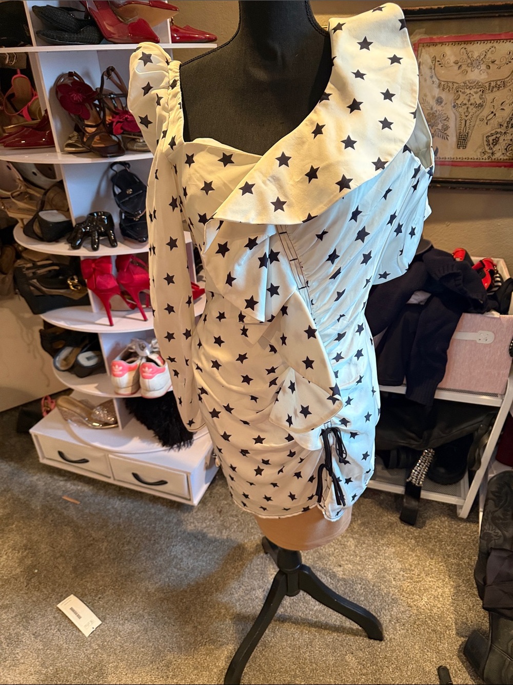 Self-Portrait White Star-Print One-Shoulder Dress